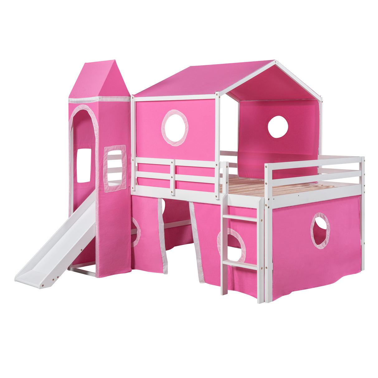 Full Size Bunk Bed with Slide Pink Tent and Tower - Pink - Home Elegance USA