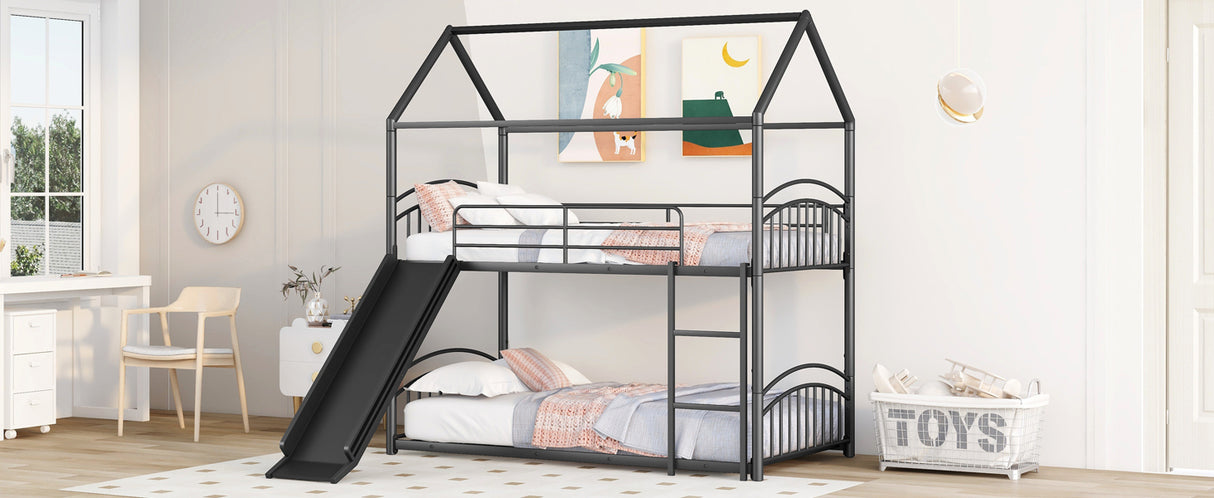 Twin Over Twin Metal Bunk Bed With Slide,Kids House Bed Black - Home Elegance USA