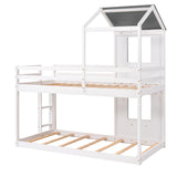 Twin Over Twin Bunk Bed Wood Bed with Roof, Window, Guardrail, Ladder (White)(OLD SKU :LP000056AAK) - Home Elegance USA