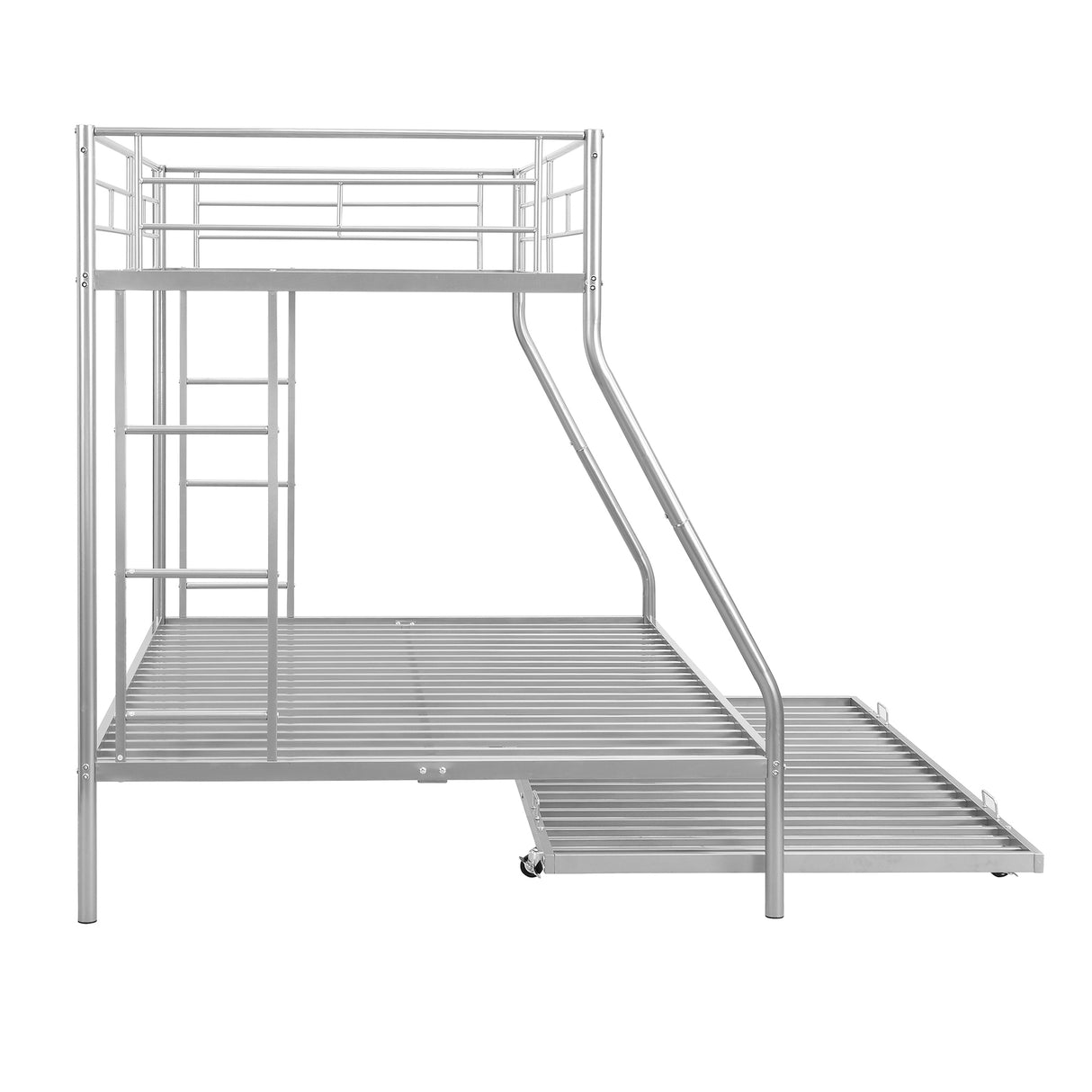 Twin over Full Bed with Sturdy Steel Frame, Bunk Bed with Twin Size Trundle, Two-Side Ladders, Silver