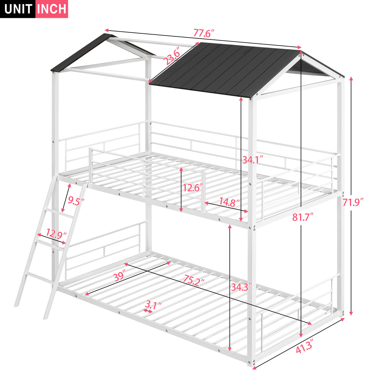 Twin Over Twin Bunk Bed Metal Bed with Half Roof, Guardrail and Ladder White - Home Elegance USA