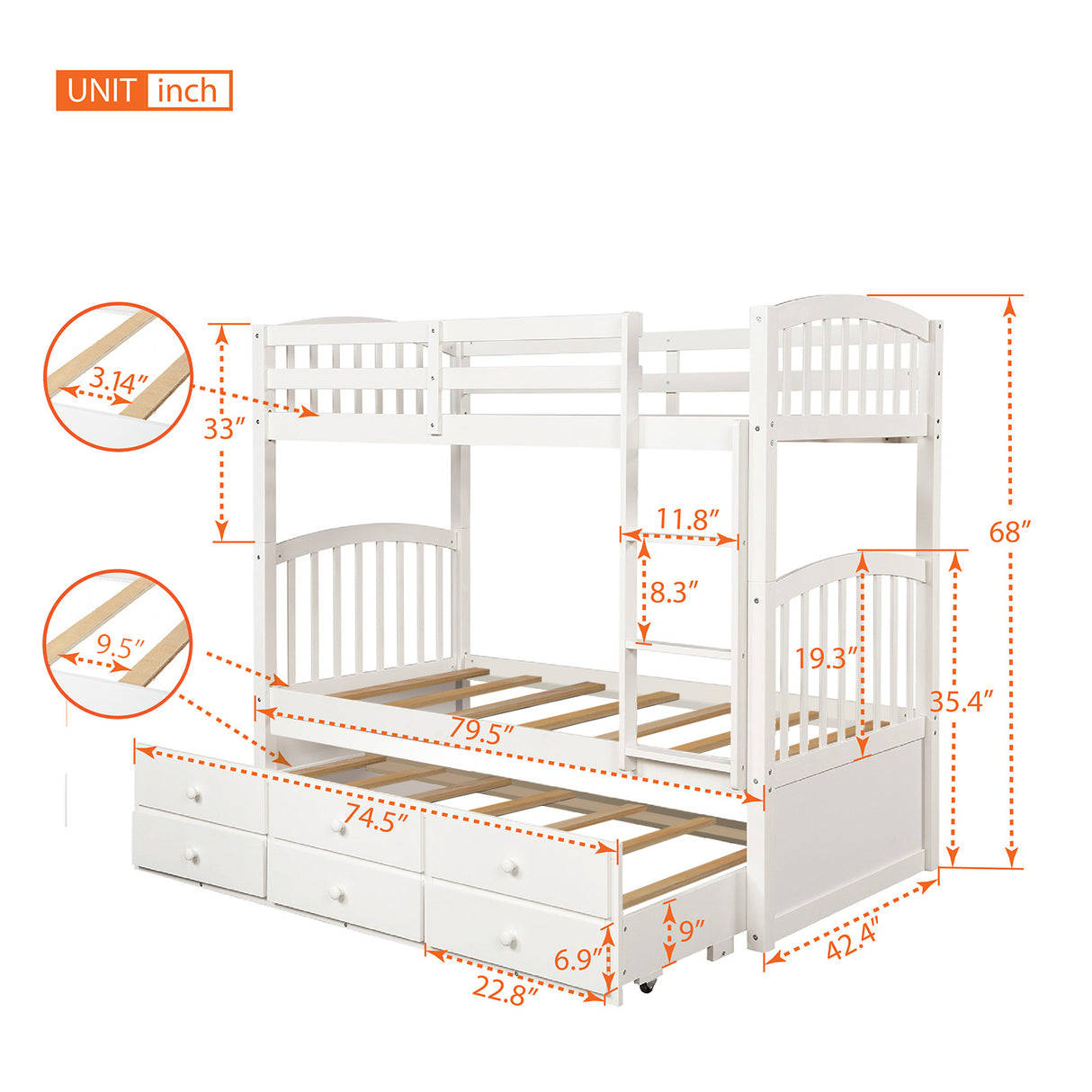 Twin Bunk Bed with Ladder, Safety Rail, Twin Trundle Bed with 3 Drawers for Teens Bedroom, Guest Room Furniture(White)(OLD SKU :LP000071AAK） - Home Elegance USA