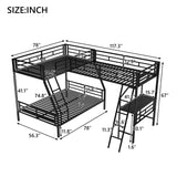 Twin over Full Bunk Bed with a Twin Size Loft Bed attached, with a Desk, Metal, Black - Home Elegance USA