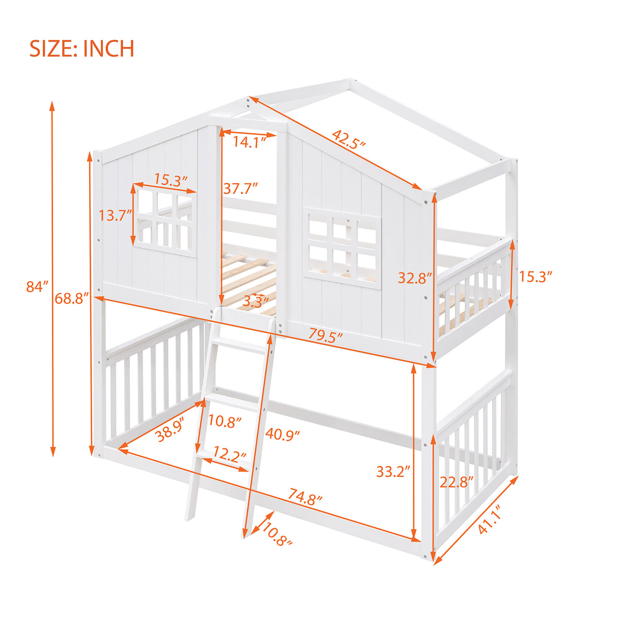 Twin Over Twin House Bunk Bed With Ladder, Wood Bed-White - Home Elegance USA