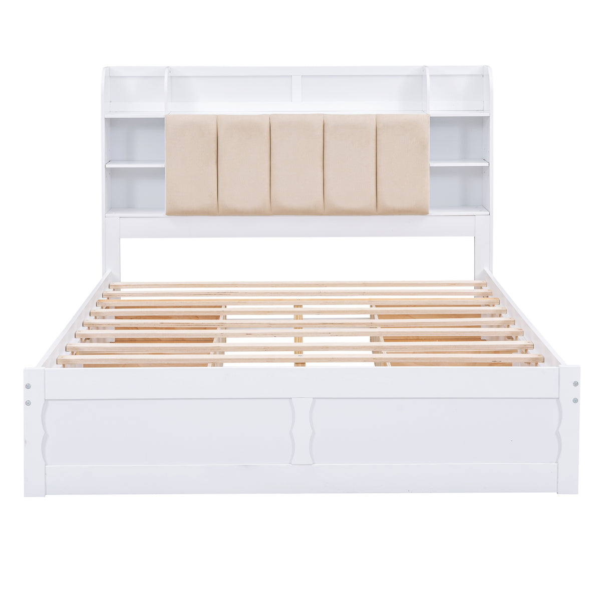 Wood Queen Size Platform Bed with Storage Headboard, Shelves and 4 Drawers, White