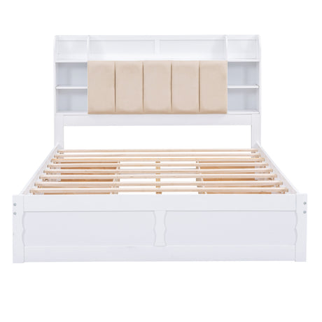 Wood Queen Size Platform Bed with Storage Headboard, Shelves and 4 Drawers, White