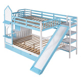 Full-Over-Full Castle Style Bunk Bed with 2 Drawers 3 Shelves and Slide - Blue