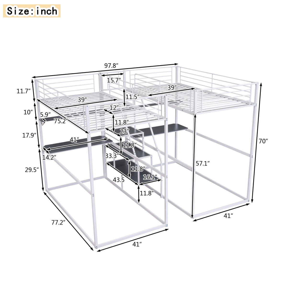 Double Twin over Twin Metal Bunk Bed with Desk, Shelves and Storage Staircase, White - Home Elegance USA