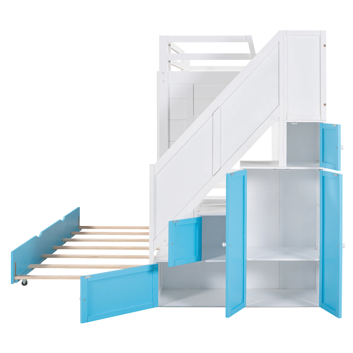 Twin Over Twin Bunk Bed with Trundle ,Stairs,Ladders Solid Wood Bunk bed with Storage Cabinet （White + Blue） - Home Elegance USA