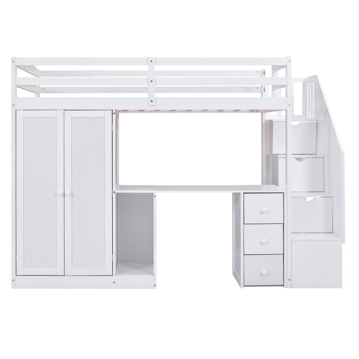 Twin Size Loft Bed with Wardrobe and Staircase, Desk and Storage Drawers and Cabinet in 1, White - Home Elegance USA