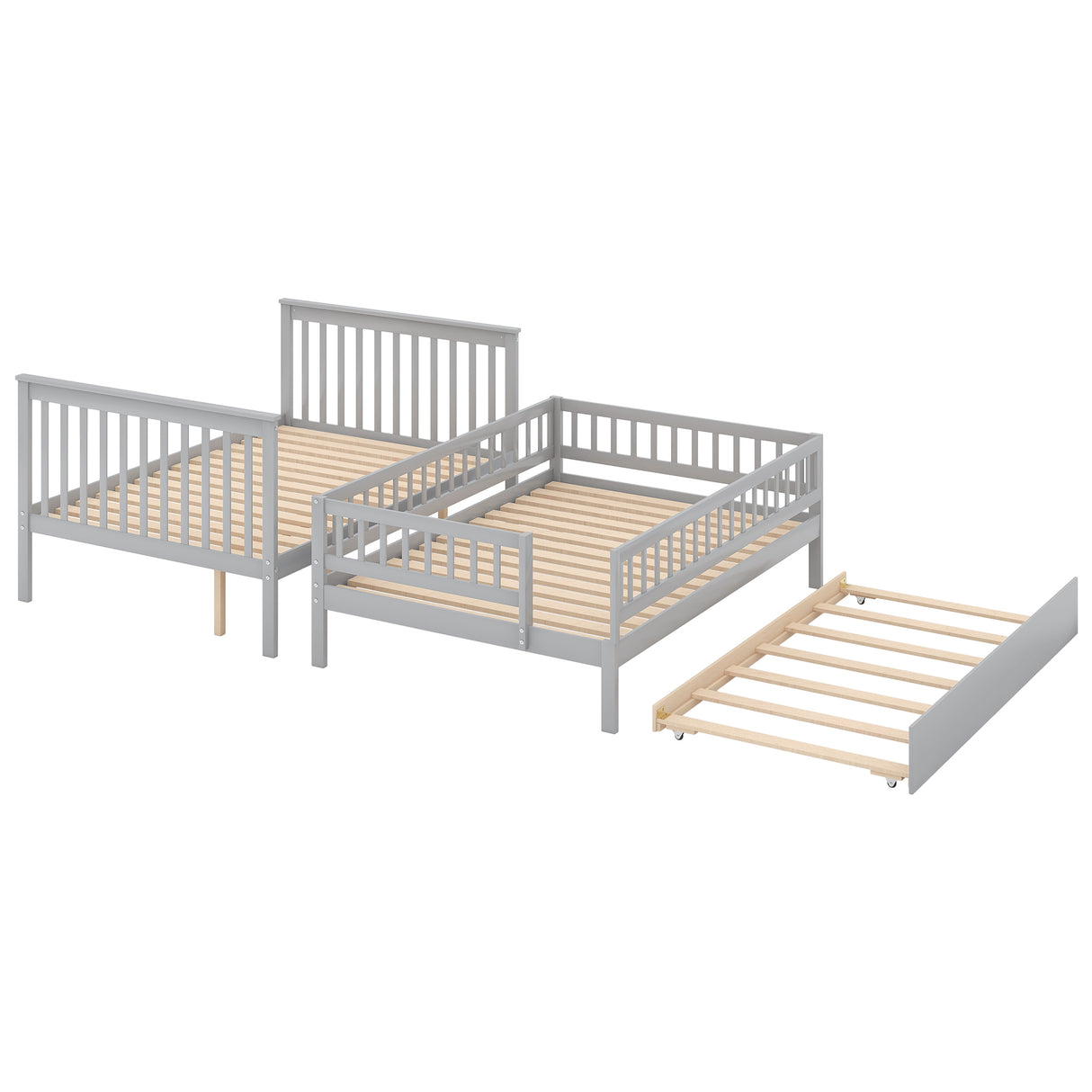 Full over Full Bunk Bed with Trundle and Staircase,Gray - Home Elegance USA