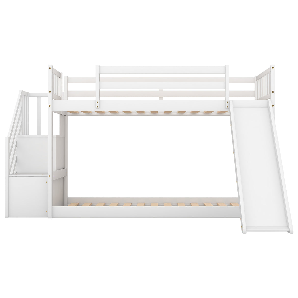 Twin over Twin Bunk Bed with Convertible Slide and Stairway, White - Home Elegance USA