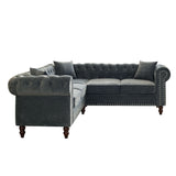 MH 80" Deep Button Tufted Upholstered Roll Arm Luxury Classic Chesterfield L-shaped Sofa 3 Pillows Included, Solid Wood Gourd Legs, Grey velvet - Home Elegance USA