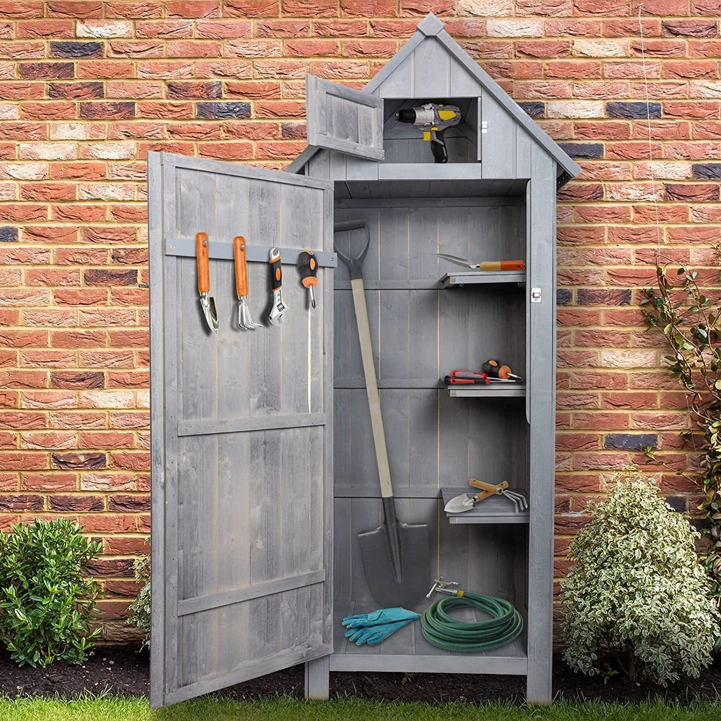 Outdoor Storage Cabinet Tool Shed Wooden Garden Shed with Floor, Hooks and Asphalt Waterproof Roof,Organizer Wooden Lockers with Fir Wood,Grey