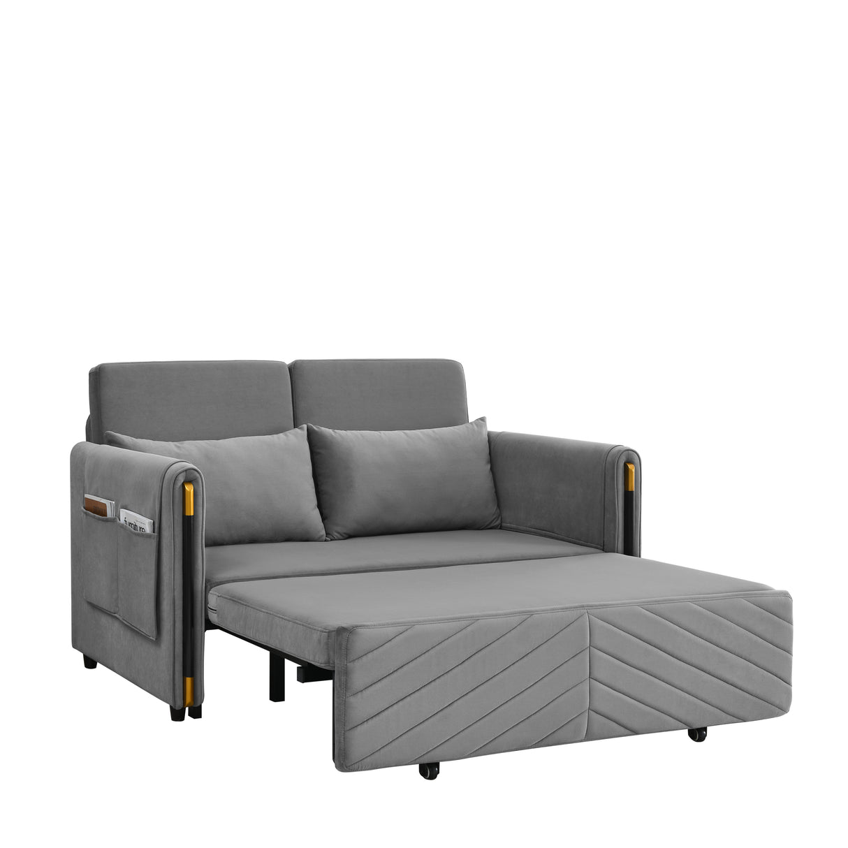 MH 54" Modern Convertible Sofa Bed with 2 Detachable Arm Pockets, Velvet Loveseat Multi-position adjustable Sofa with Pull Out Bed with Bedhead, 2 Pillows and Living Room, Grey Home Elegance USA