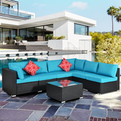 Outdoor Garden Patio Furniture 7-Piece PE Rattan Wicker Cushioned Sofa Sets with 2 Pillows and Coffee Table, patio furniture set；outdoor couch；outdoor couch patio furniture；outdoor sofa；patio couch