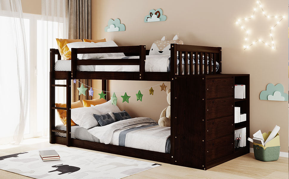 Twin over Twin Bunk Bed with 4 Drawers and 3 Shelves-Espresso（OLD SKU: LP000067AAP） - Home Elegance USA