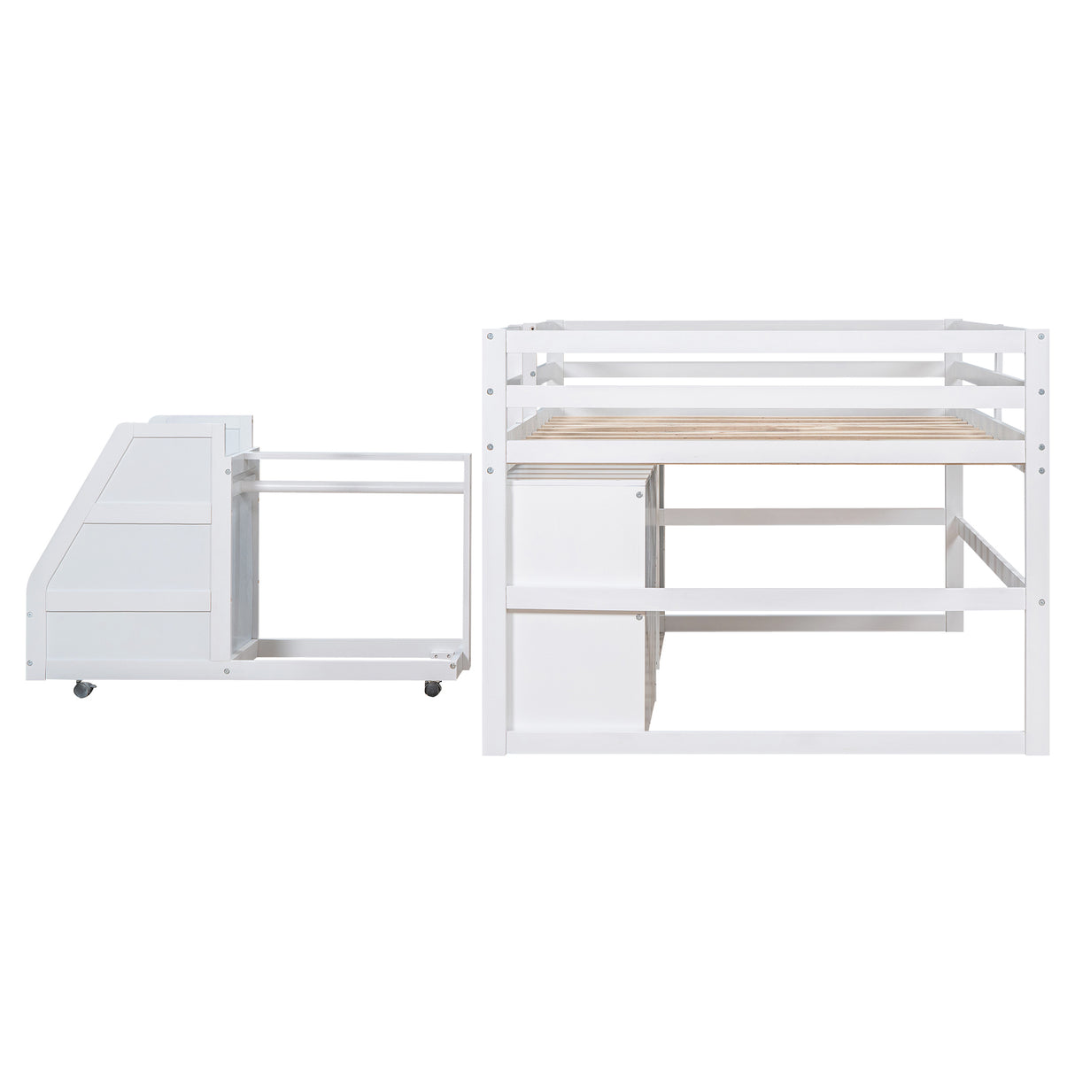 Full Size Functional Loft Bed with Cabinets and Drawers, Hanging Clothes at the back of the Staircase, White - Home Elegance USA