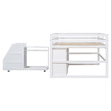 Full Size Functional Loft Bed with Cabinets and Drawers, Hanging Clothes at the back of the Staircase, White - Home Elegance USA