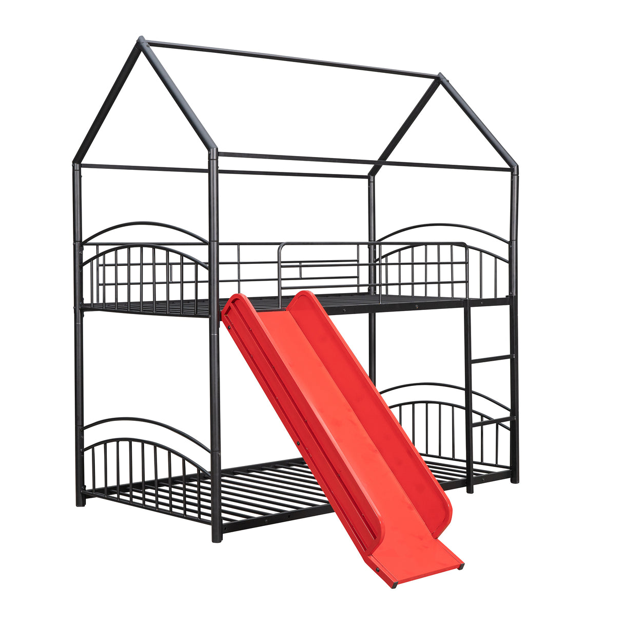 Twin Over Twin Metal Bunk Bed With Slide,Kids House Bed Black+Red - Home Elegance USA