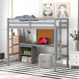 Twin size Loft Bed with Desk and Writing Board, Wooden Loft Bed with Desk & 2 Drawers Cabinet- Gray - Home Elegance USA