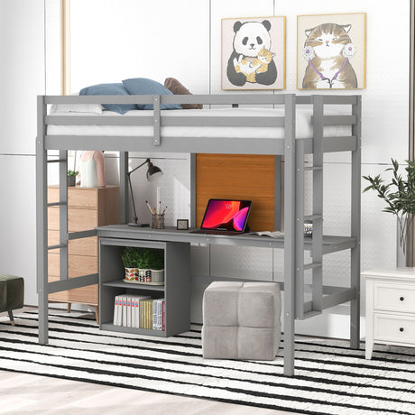 Twin size Loft Bed with Desk and Writing Board, Wooden Loft Bed with Desk & 2 Drawers Cabinet- Gray - Home Elegance USA