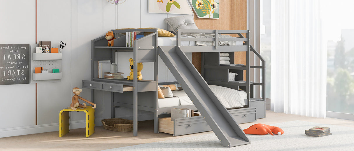 Twin over Twin Bunk Bed with Storage Staircase, Slide and Drawers, Desk with Drawers and Shelves, Gray - Home Elegance USA