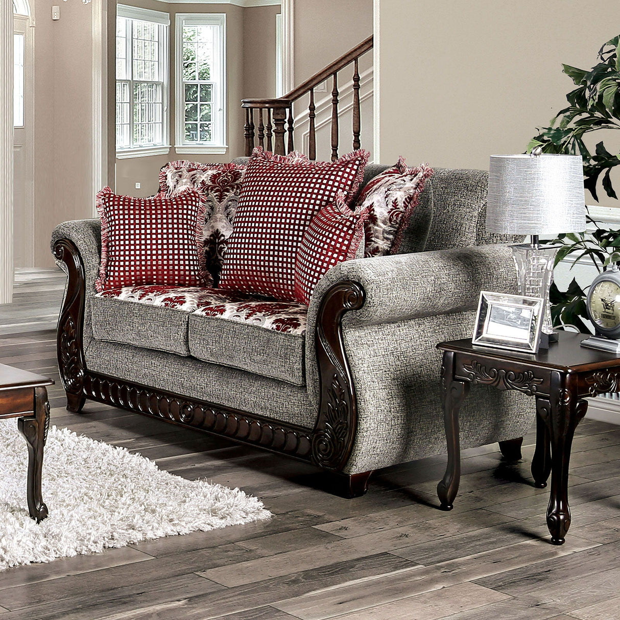 Whitland - Sofa & Loveseat - Light Gray / Red - Home Elegance USA