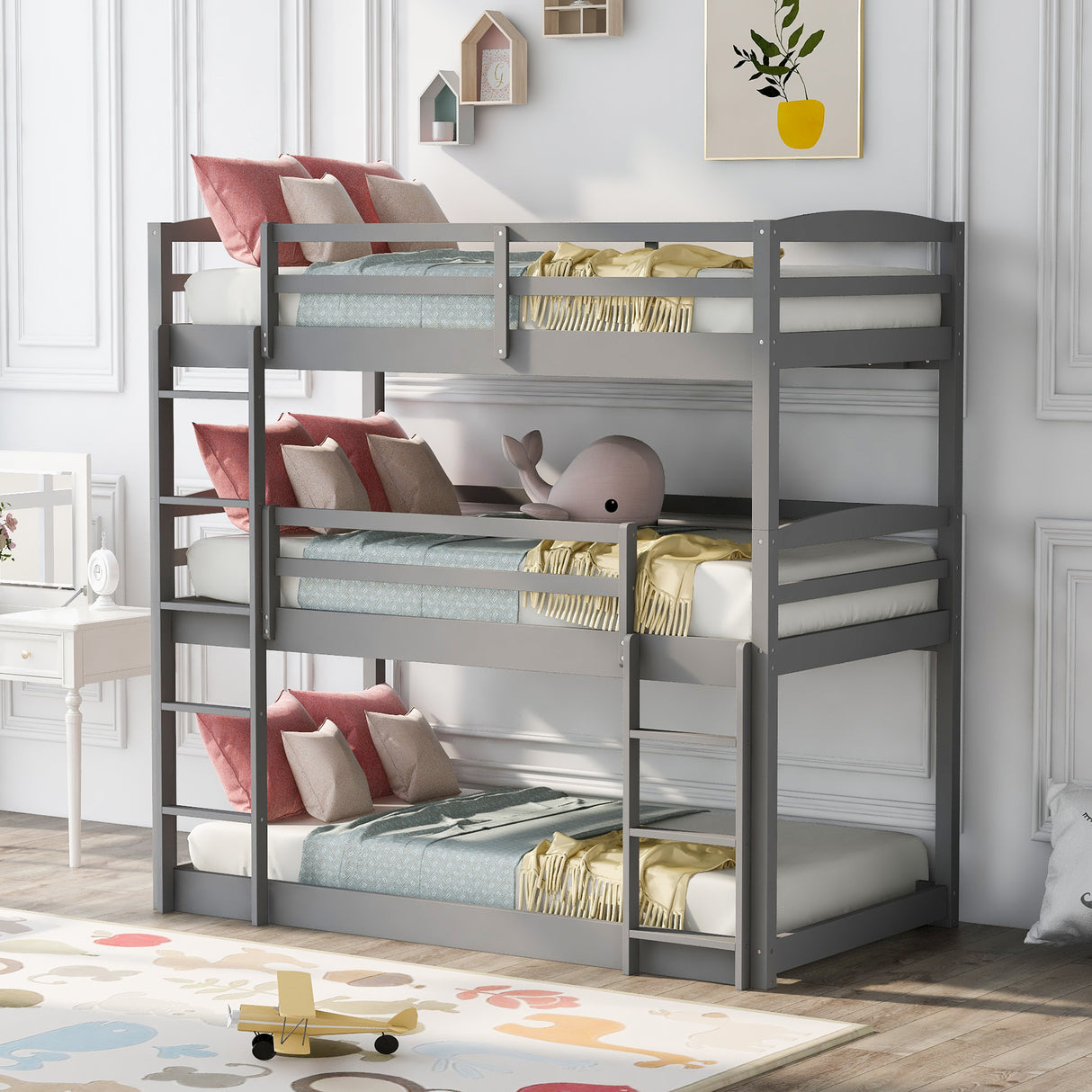 Twin over Twin over Twin Triple Bunk Bed,Gray - Home Elegance USA