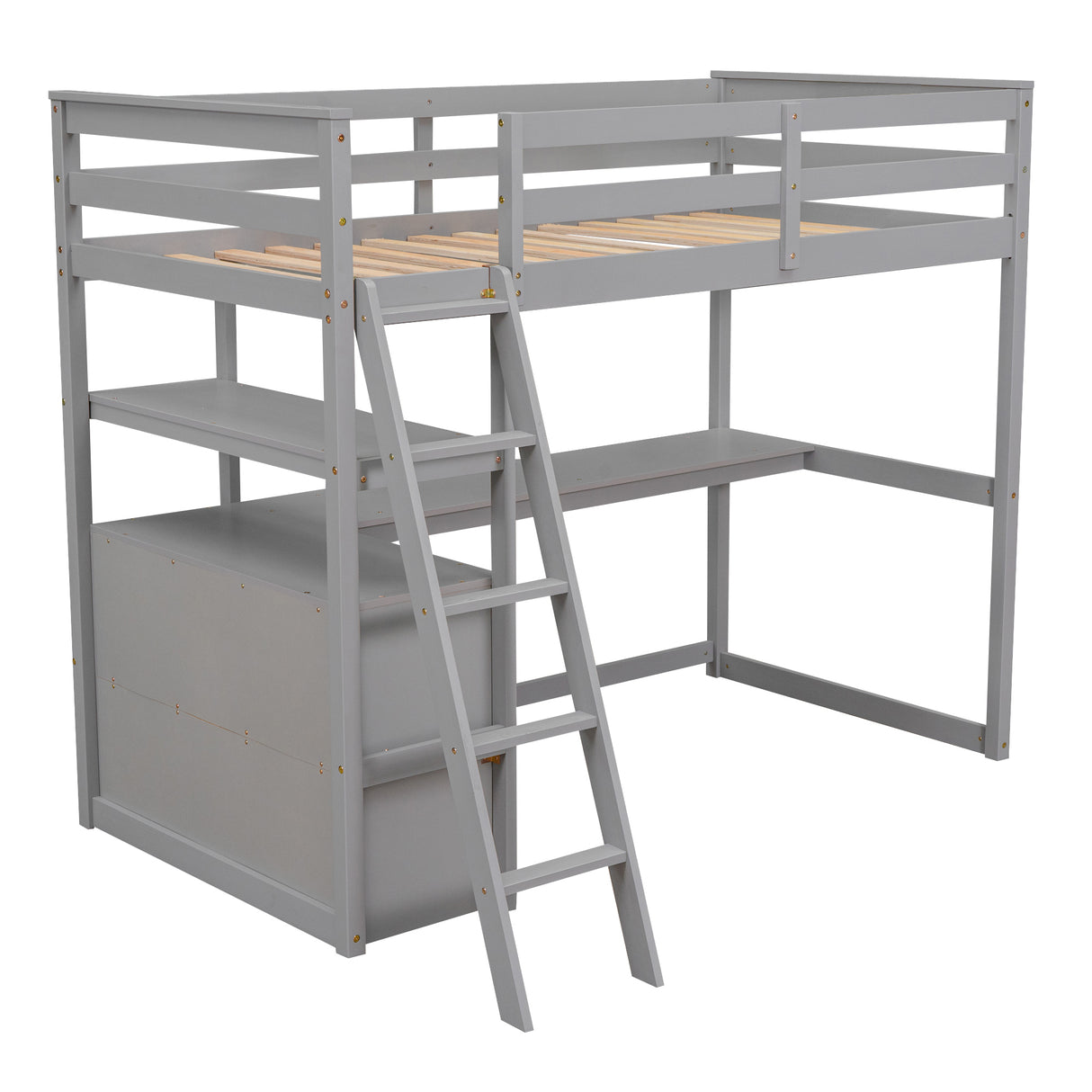 Twin Size Loft Bed with Desk and Shelves, Two Built-in Drawers, Gray(old SKU: GX000803AAE-1） - Home Elegance USA