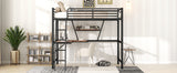 Full Size Loft Metal&MDF Bed with Desk and Shelf, Black