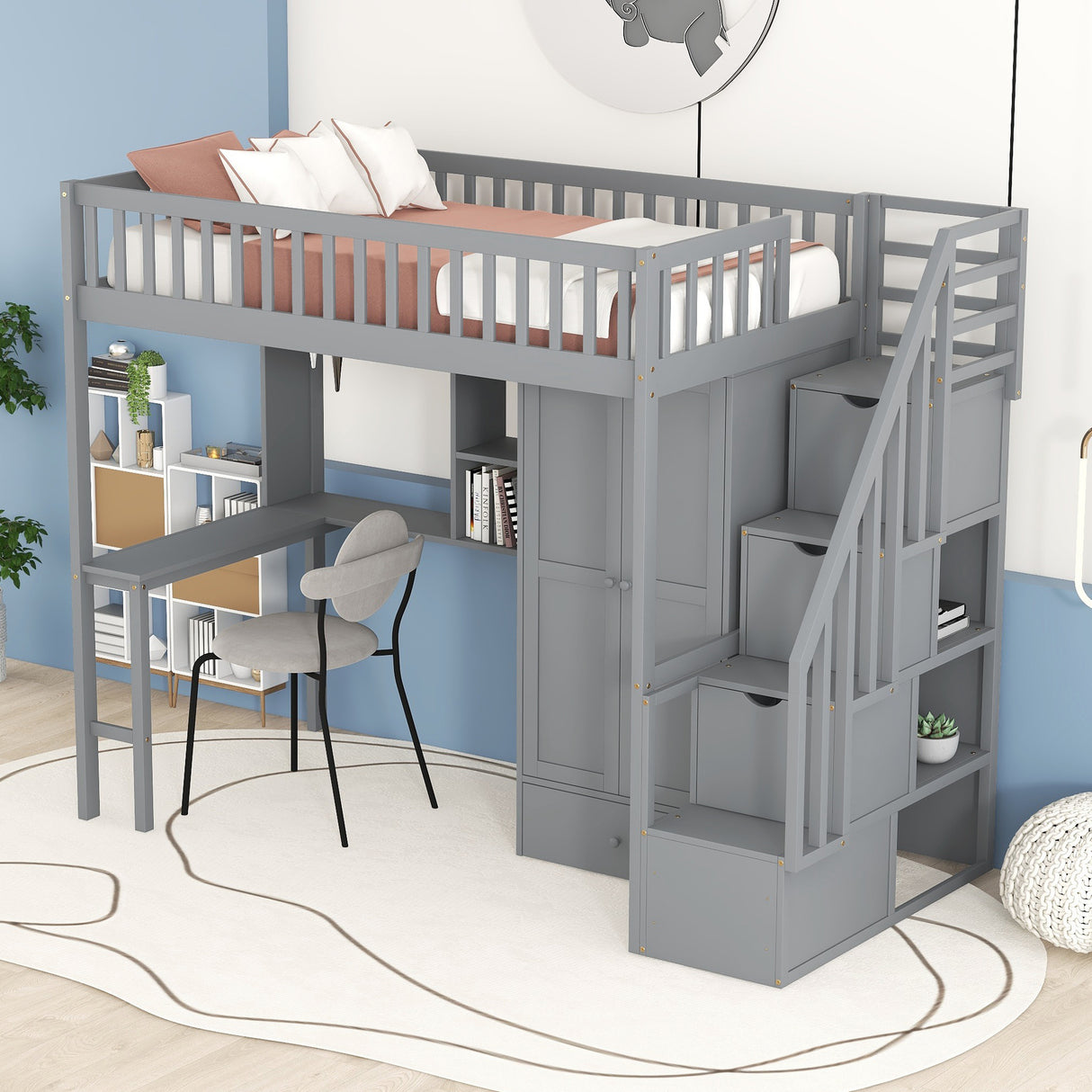 Twin size Loft Bed with Bookshelf,Drawers,Desk,and Wardrobe-Gray - Home Elegance USA