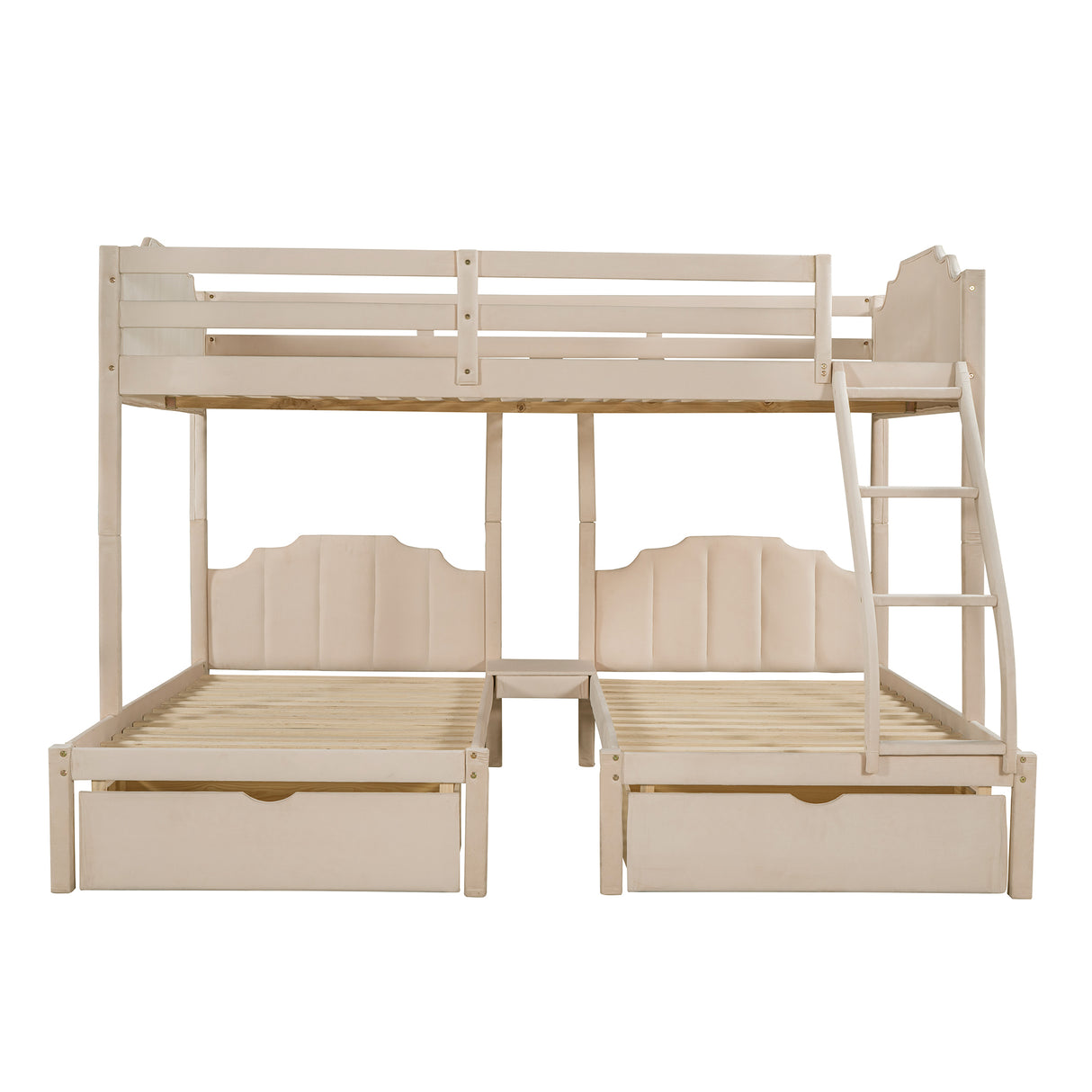 Full Over Twin & Twin Bunk Bed, Velvet Triple Bunk Bed with Drawers and Guardrails, Beige - Home Elegance USA