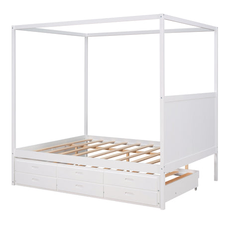 Queen Size Canopy Platform Bed with Twin Size Trundle and Three Storage Drawers,White - Home Elegance USA