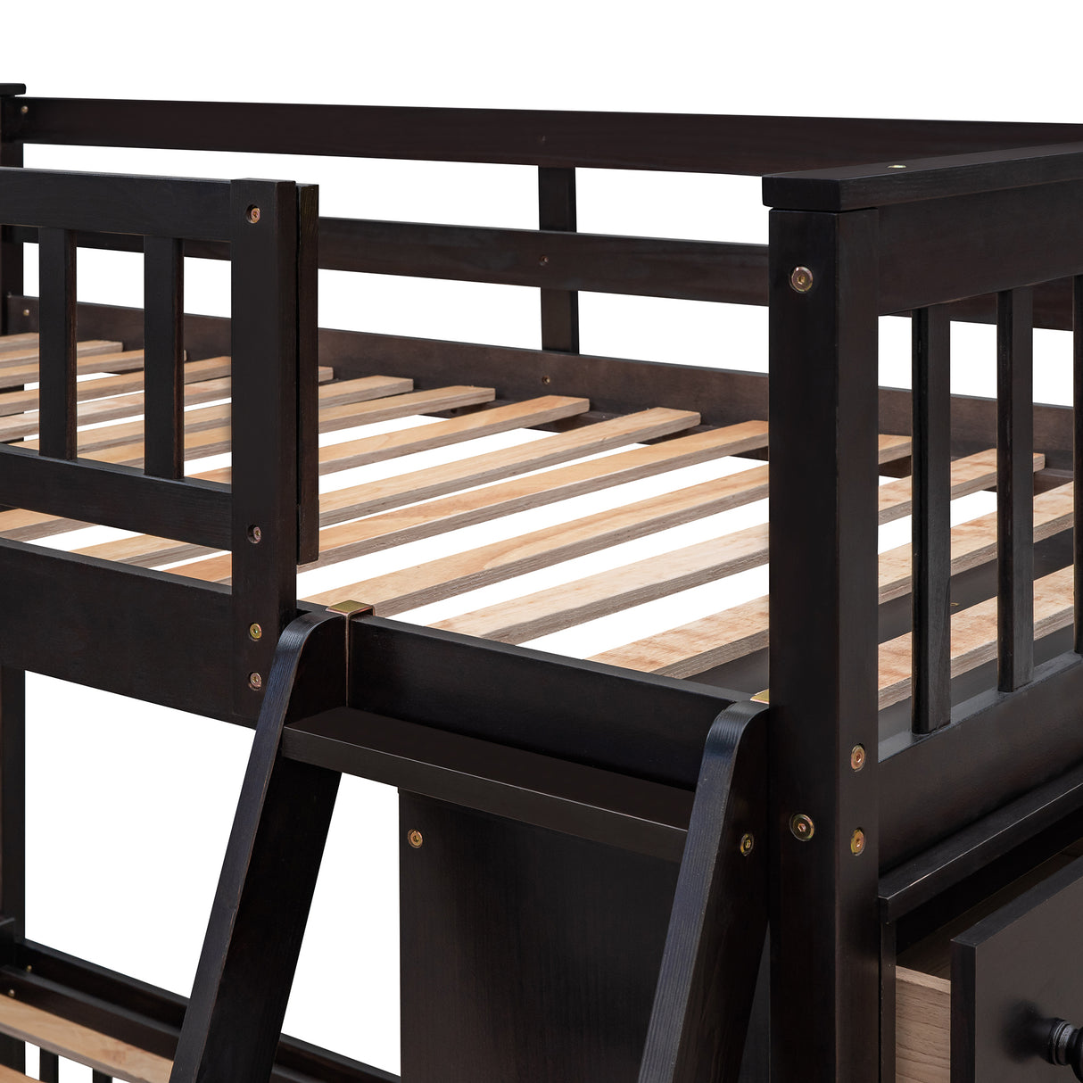 Wooden Twin Over Full Bunk Bed With Six Drawers And Flexible Shelves,Bottom Bed With Wheels,Espresso(OLD SKU:LP000531AAP) - Home Elegance USA