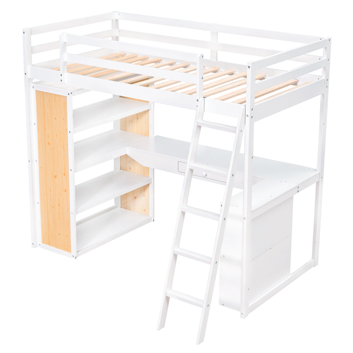 Twin Size Loft Bed with Ladder, Shelves, and Desk, White - Home Elegance USA