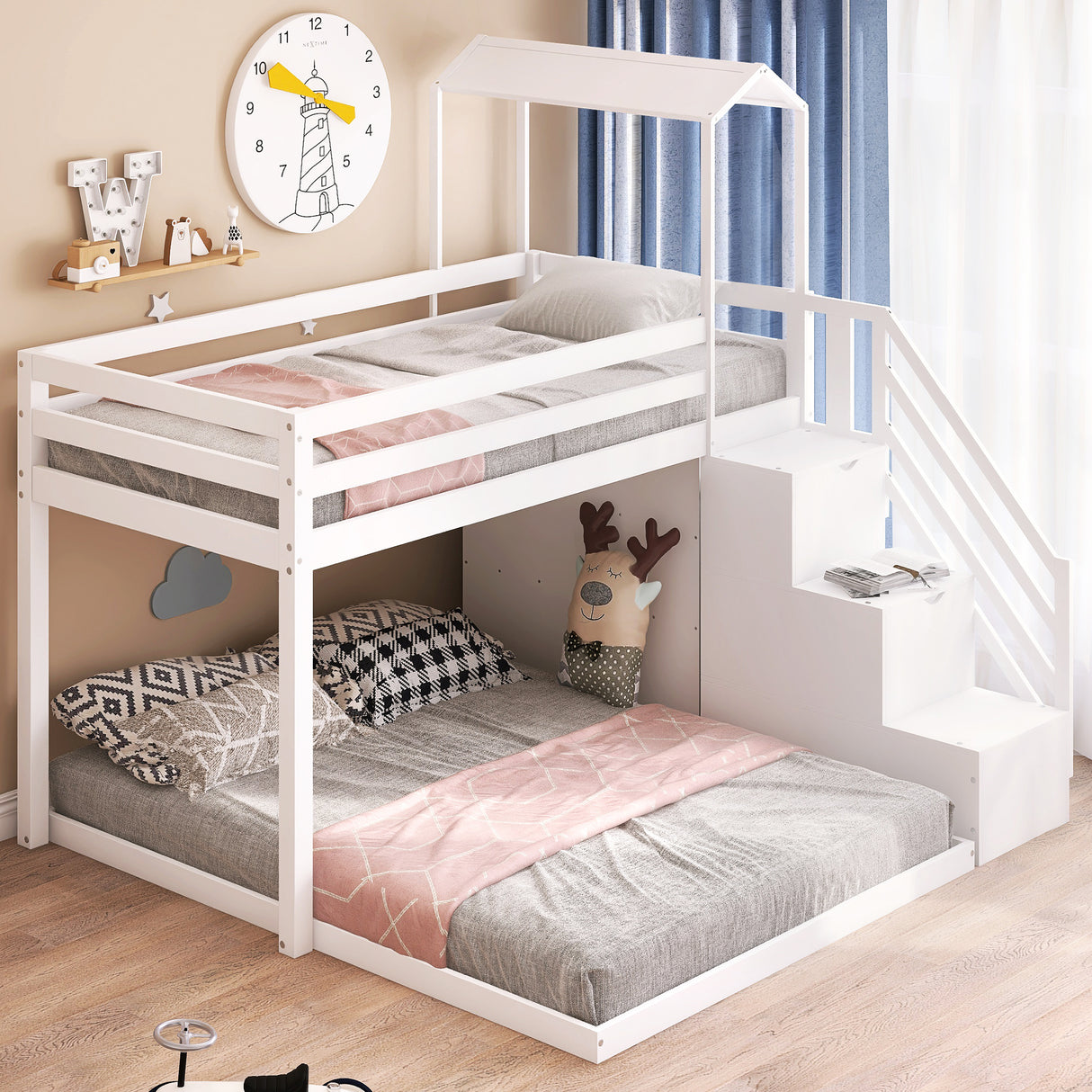 Twin over Full House Roof Bunk Bed with Staircase and Shelves, White - Home Elegance USA