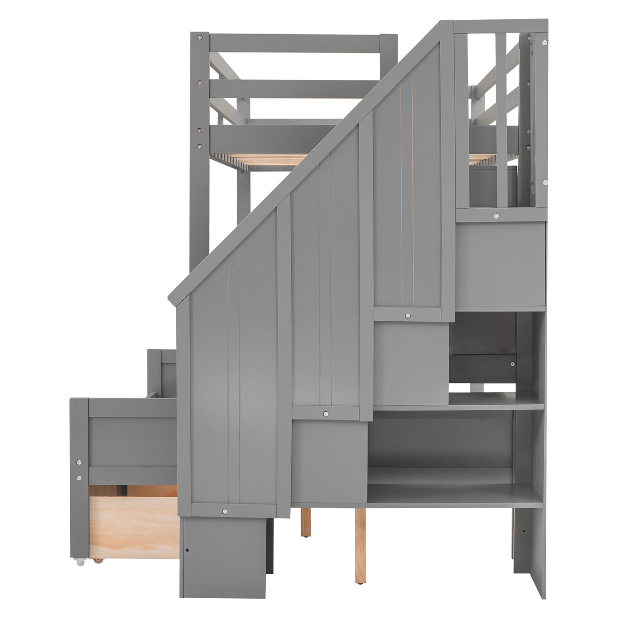 Twin XL over Full Bunk Bed with Built-in Storage Shelves, Drawers and Staircase,Gray - Home Elegance USA