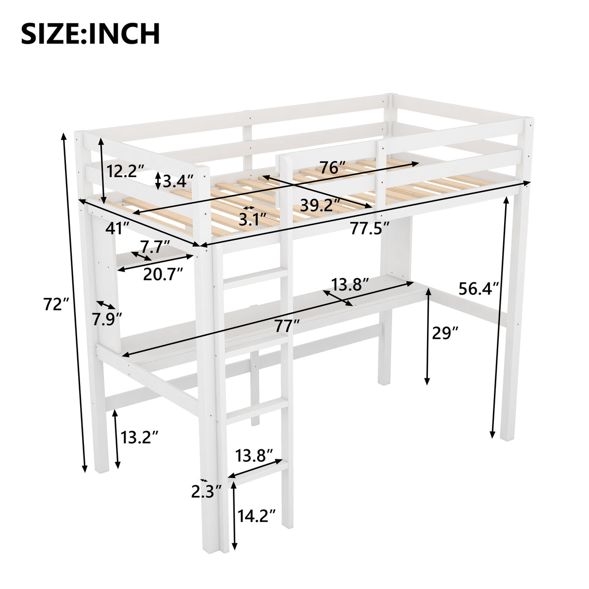 Twin Size Loft Bed with Convenient Desk, Shelves, and Ladder, White(Similar SKU:SM001302AAK) - Home Elegance USA