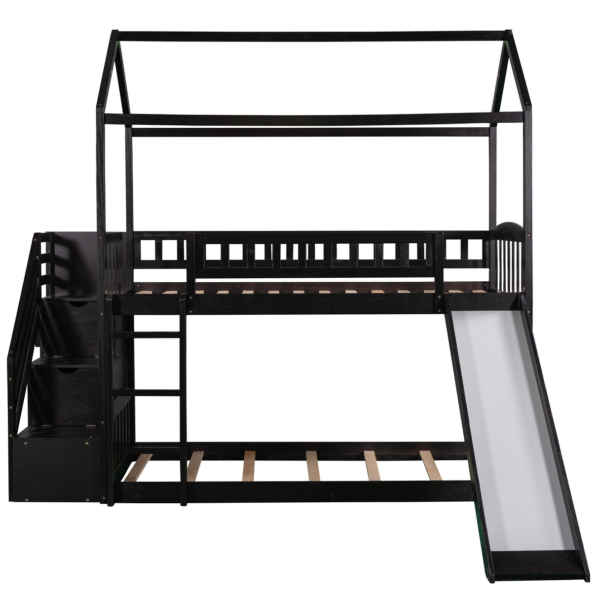 Twin Over Twin Bunk Bed with Drawers and Slide, House Bed with Slide,Espresso(OLD SKU :LP000215AAP) - Home Elegance USA