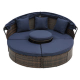 Hot Sale KD Rattan Round Lounge With Canopy Bali Canopy Bed Outdoor, Wicker Outdoor Sofa Bed with lift coffee table