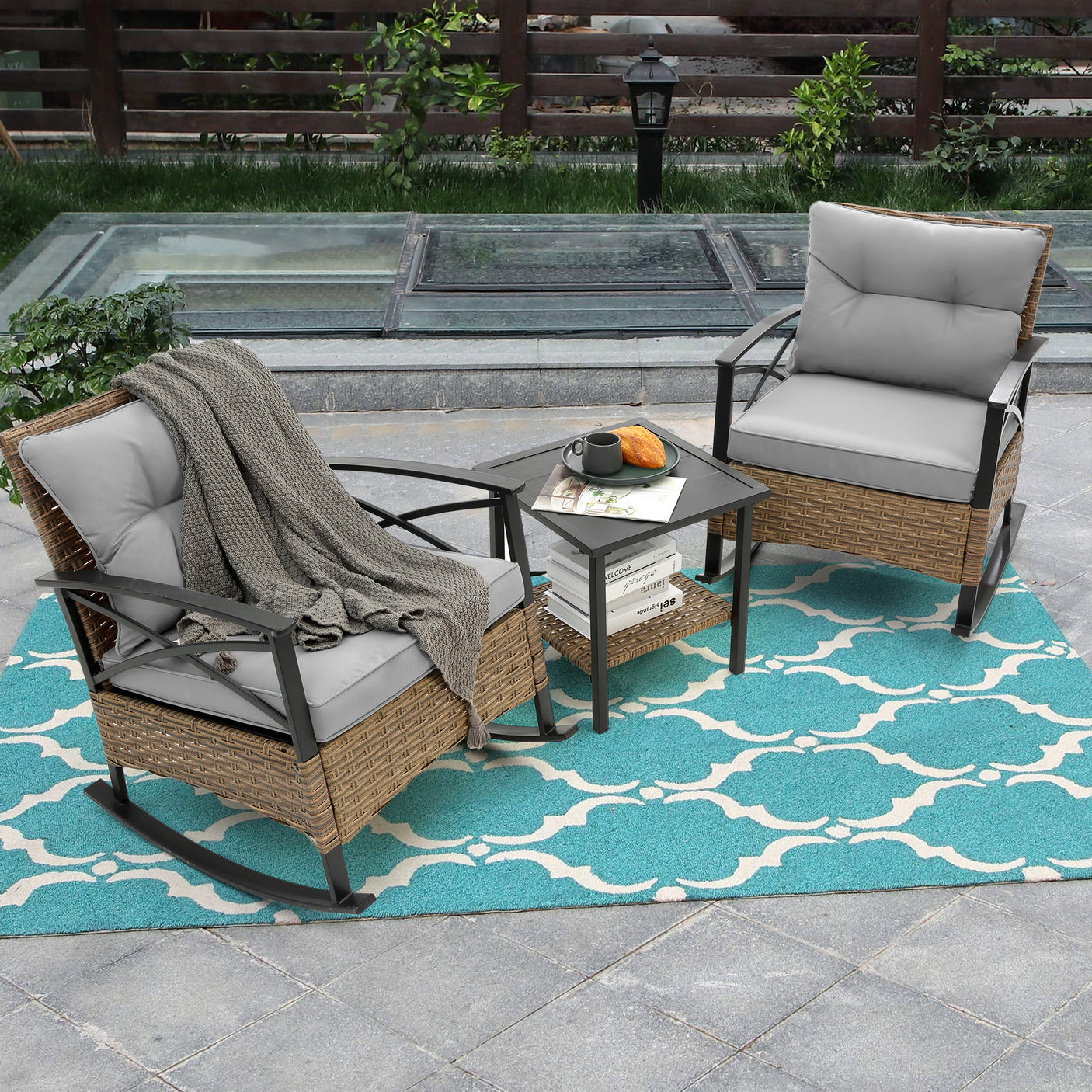 3pcs rocking rattan set wholesale leisure chair outdoor rattan rocking chair set grey