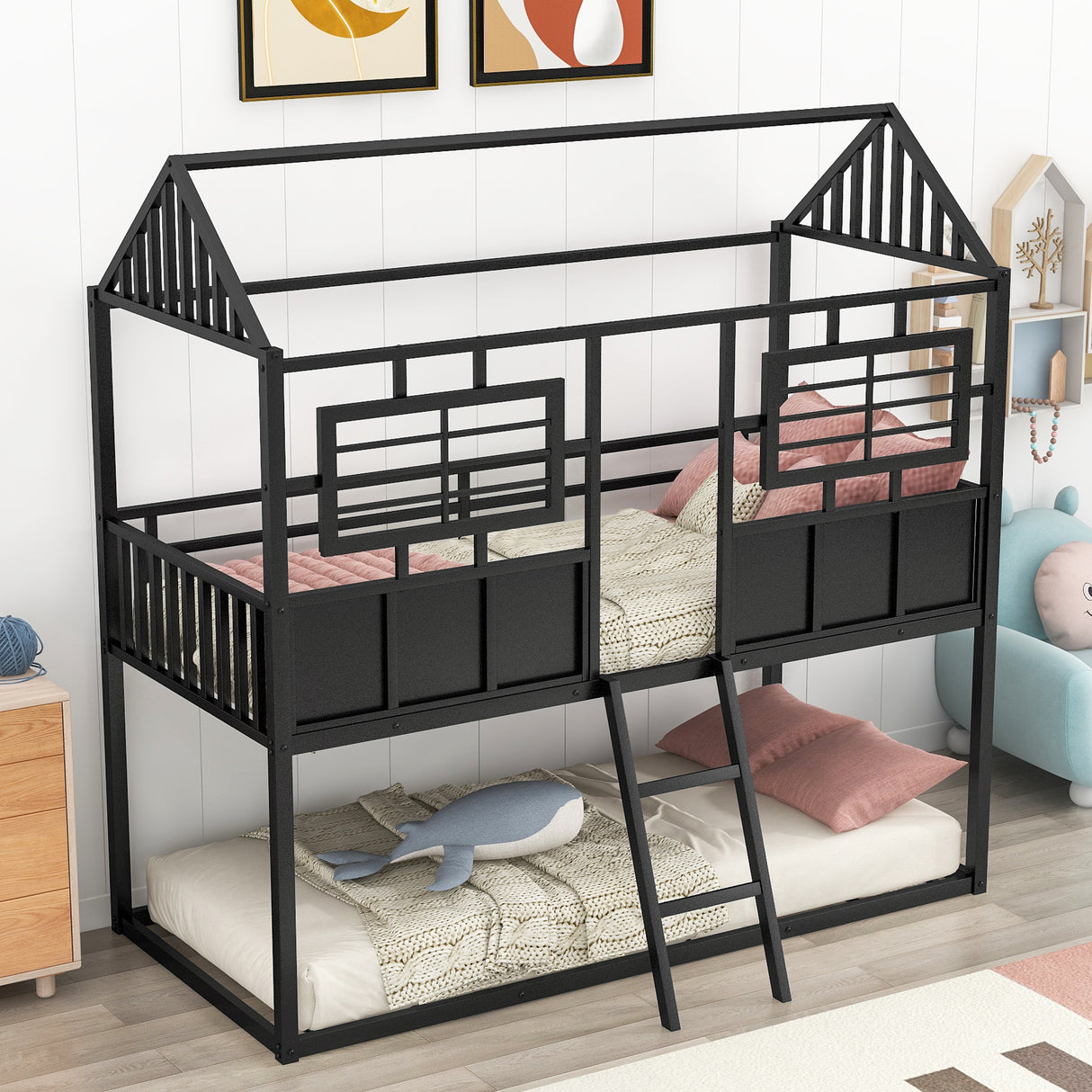 Twin over Twin Size Metal Low Bunk Beds with Roof and Fence-shaped Guardrail, Black - Home Elegance USA