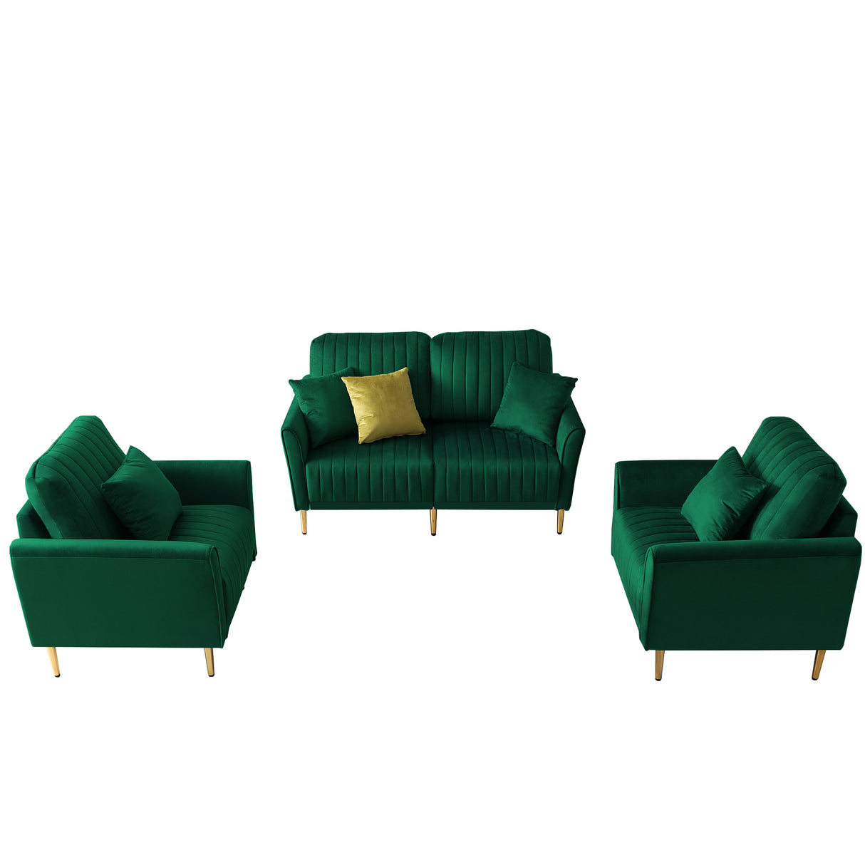 3 Pieces Sectional Sofa Set for Living Room, Velvet Tufted Couch Sofa Armchair with Metal Legs, 2 Piece Single Chair + 2 - Seater Sofa, Furniture Set, Green | Home Elegance USA