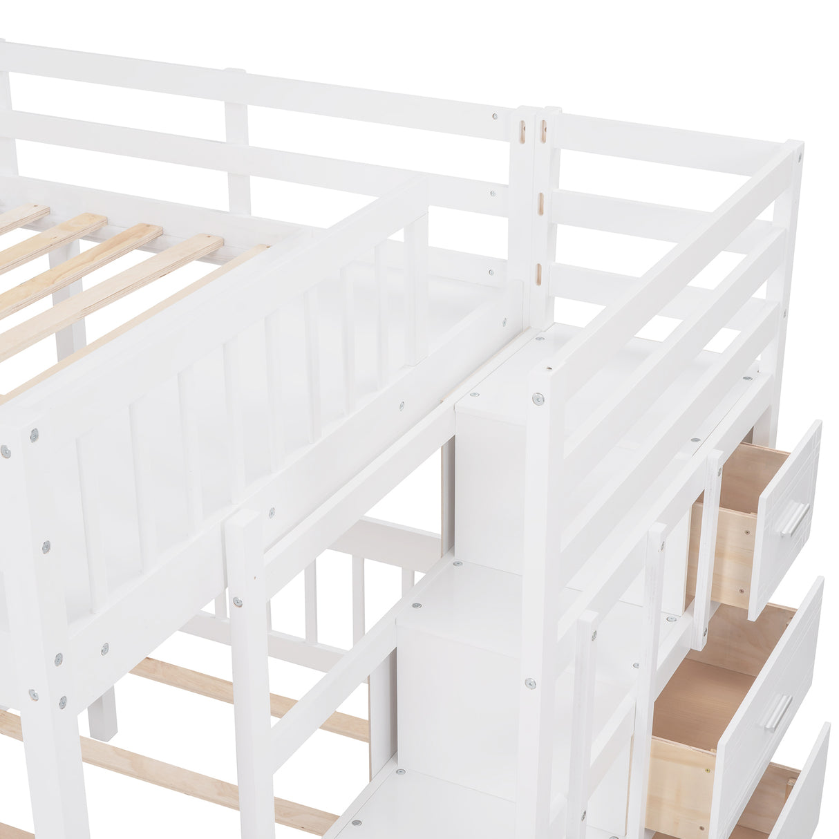 Full Over Twin & Twin Bunk Bed, Wood Triple Bunk Bed with Drawers and Guardrails (White) Home Elegance USA