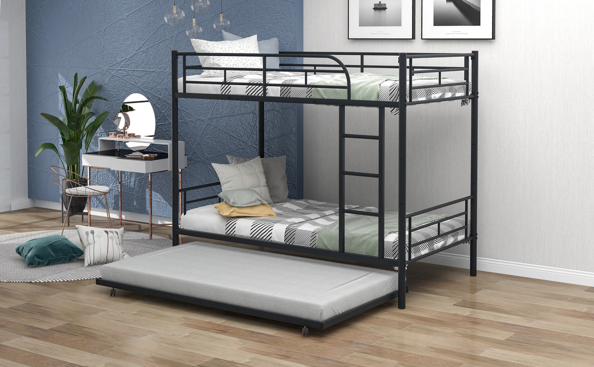 Twin-Over-Twin Metal Bunk Bed With Trundle,Can be Divided into two beds,No Box Spring needed ,Black ( old sku: MF194806AAB ) - Home Elegance USA