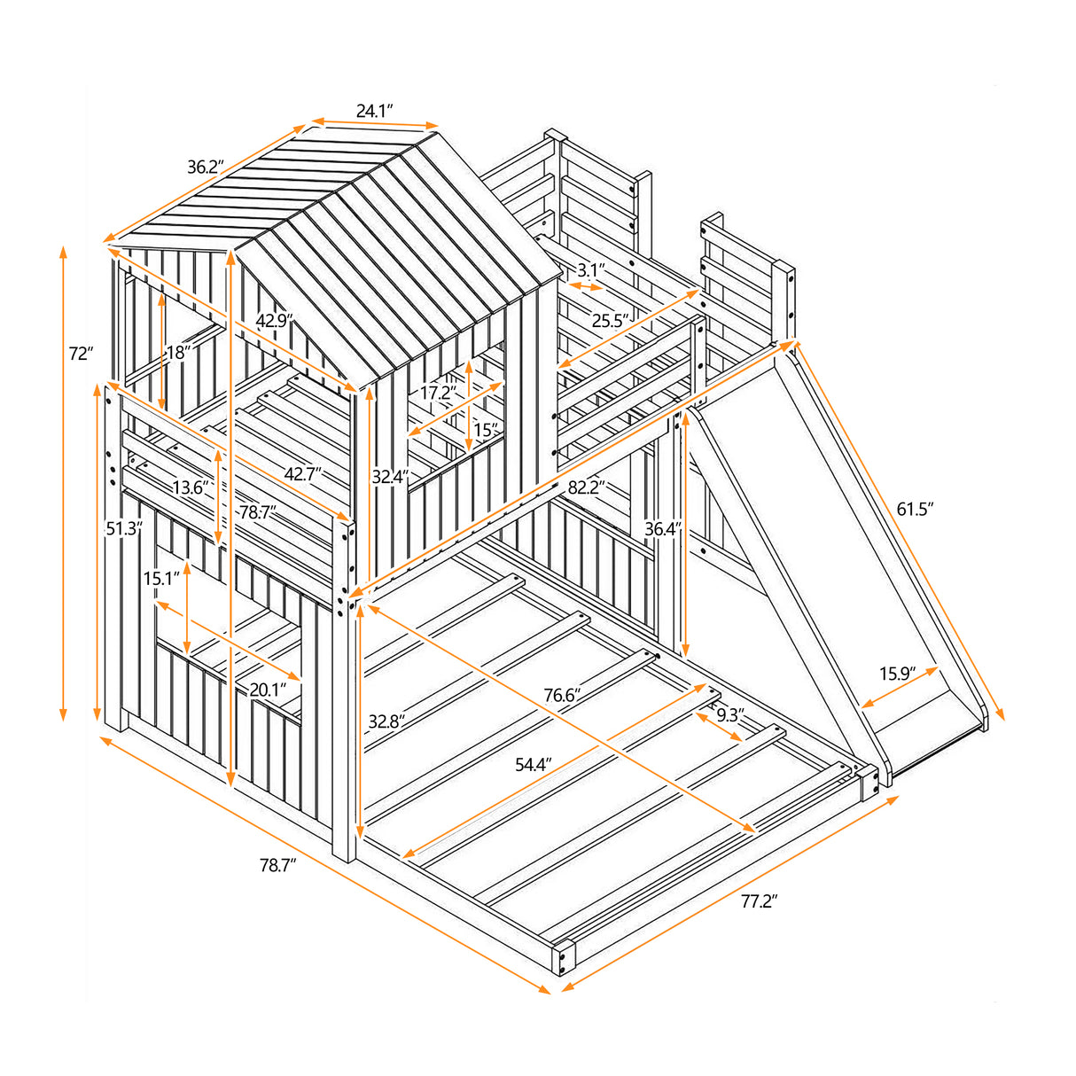 Wooden Twin Over Full Bunk Bed, Loft Bed with Playhouse, Farmhouse, Ladder, Slide and Guardrails, Antique Gray(OLD SKU :LT000028AAE) - Home Elegance USA