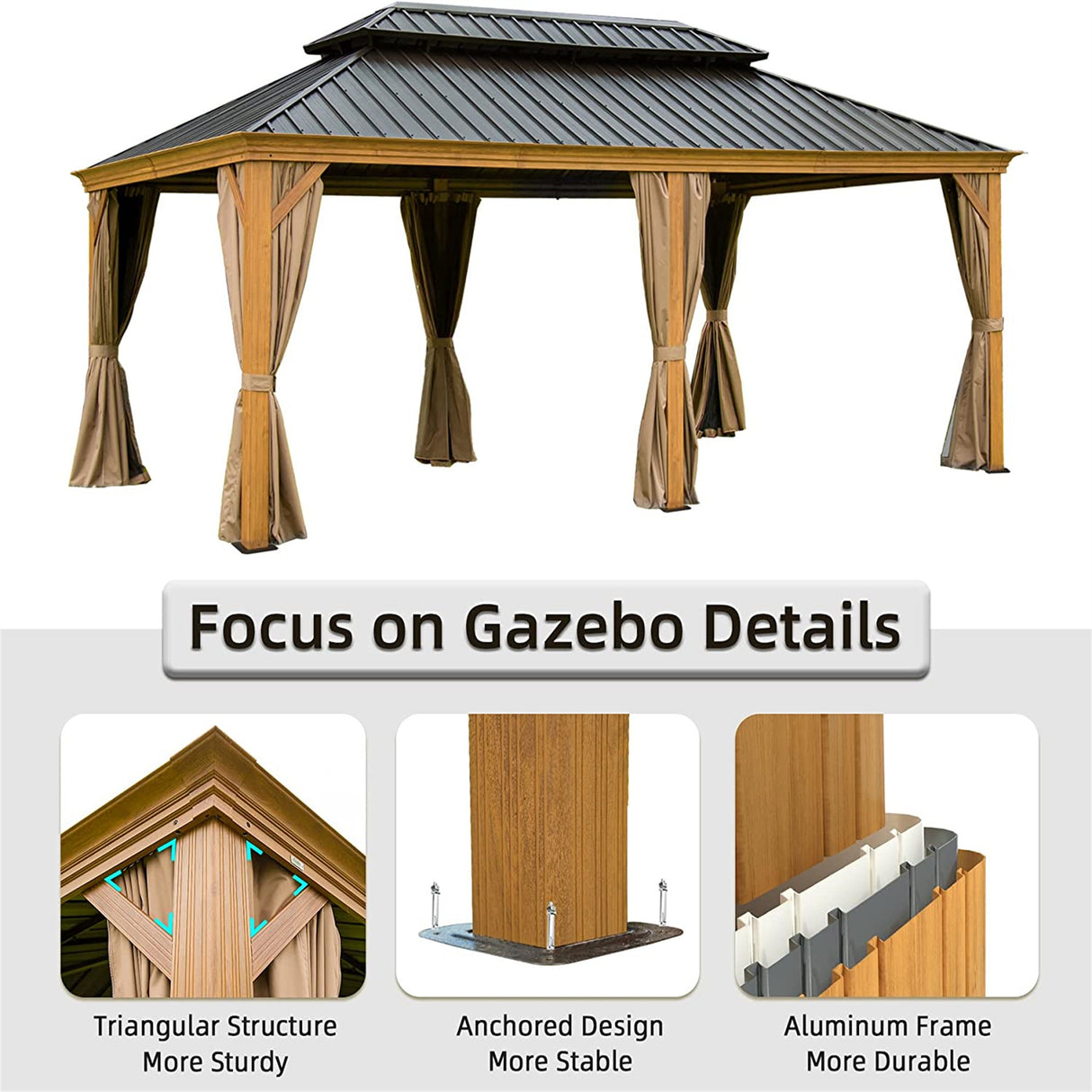 12'x20' Hardtop Gazebo Outdoor Aluminum Wood Grain Gazebos with Galvanized Steel Double Canopy for Patios Deck Backyard,Curtains&Netting (Wood - Looking) - W1859S00007 - image - 2