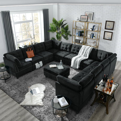 U shape Modular Sectional Sofa，DIY Combination，includes Seven Single Chair， Four Corner and One Ottoman，Black Velvet. - Home Elegance USA