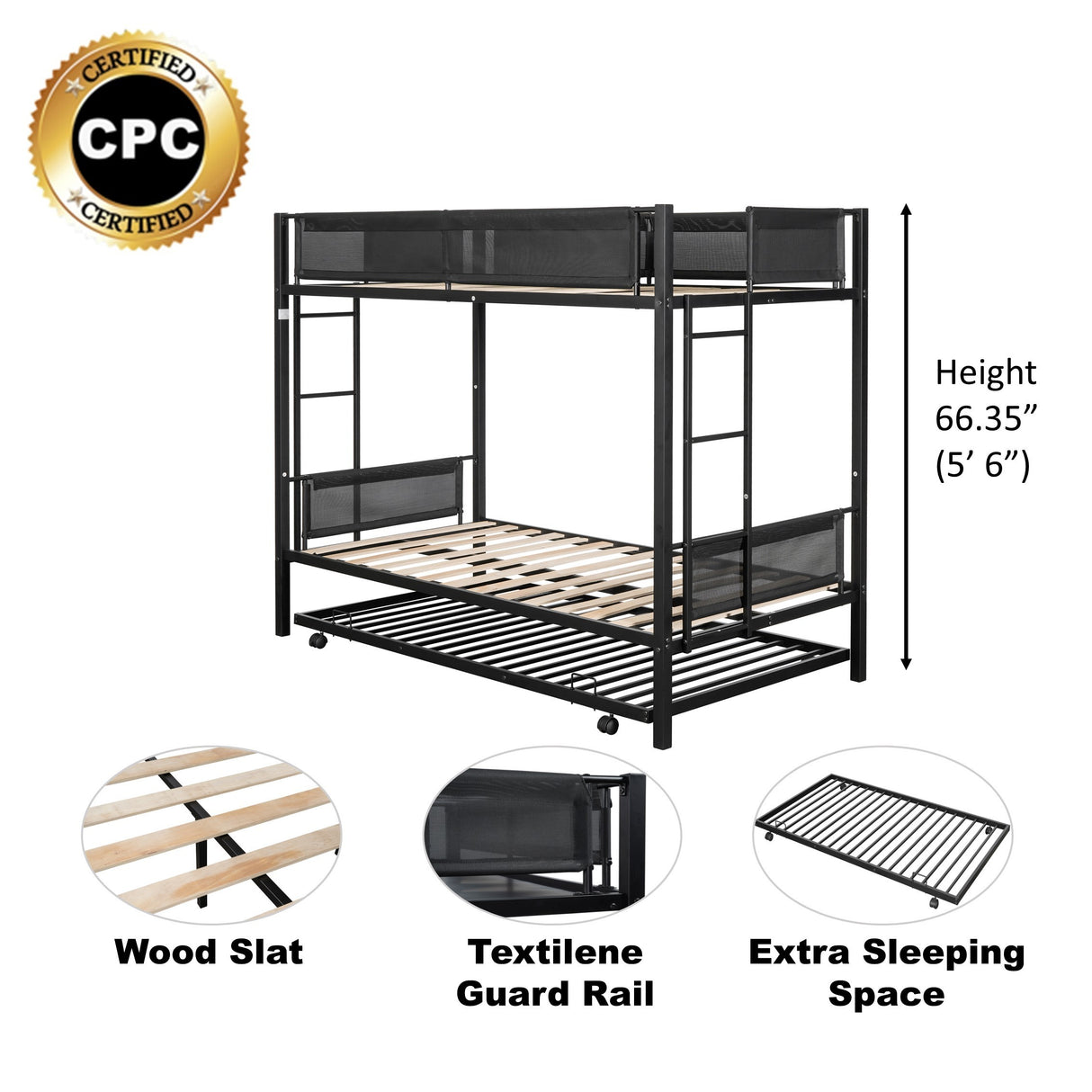 Twin over twin bunk bed with trundle (Wood Slat and Textilene Guardrail) - Home Elegance USA